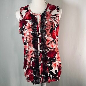 Karl Lagerfeld Floral Sleeveless  Red Pink White Lace Trim Keyhole Neck Top S